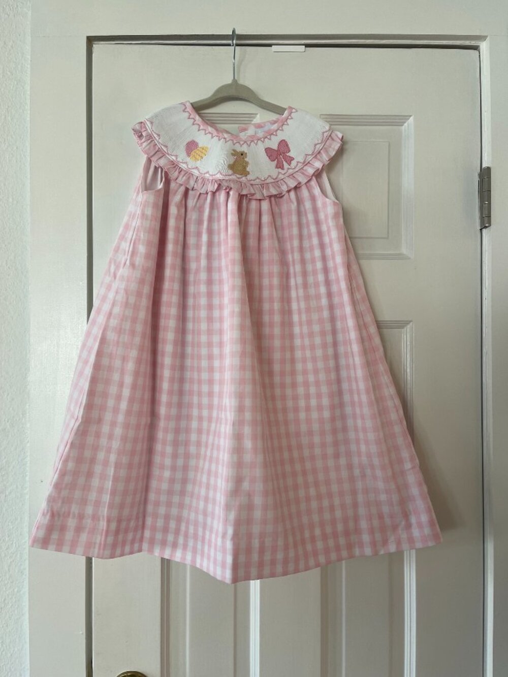 Stitchy Fish Girls Pink Gingham Smocked Easter Dress Bunny Bow Egg - 4T (EUC)